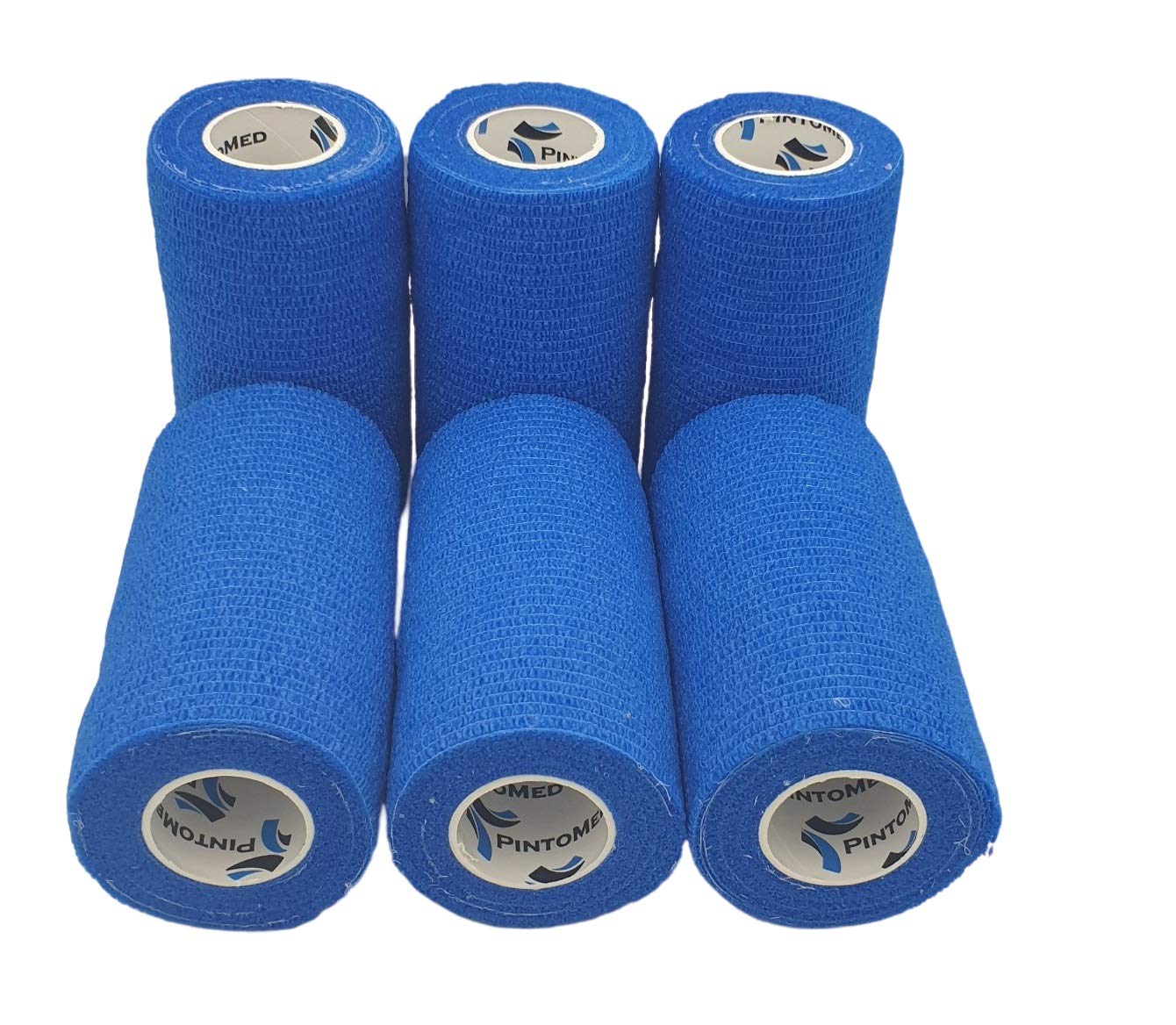 PintoMed – 6X Blue x 10cm x 4.5m Cohesive Bandage Stretched, Self-Adhesive Flexible Bandages, First Aid Sports Wrap Bandages Pack Individually for Medical, Sports and Veterinary use.