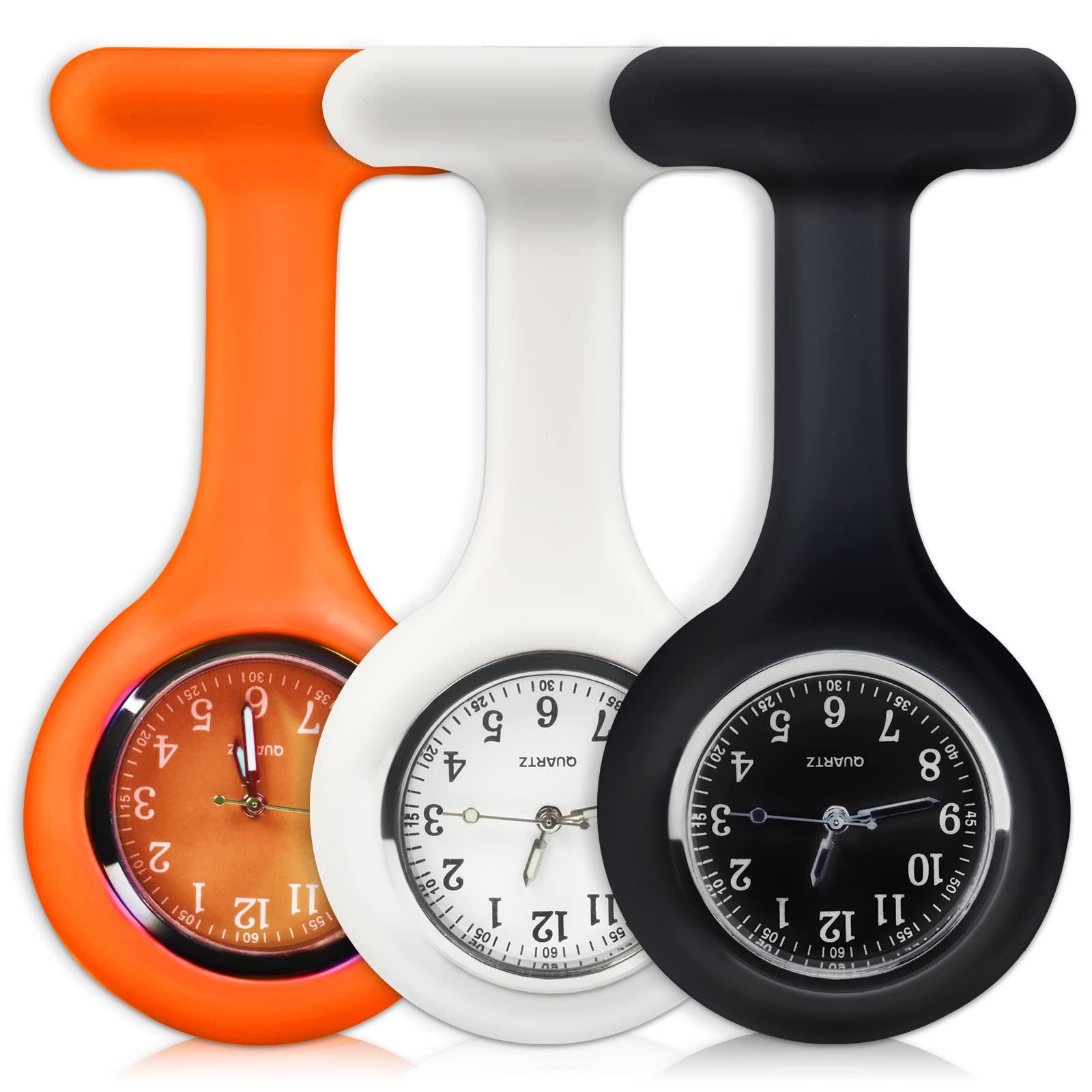 Set of 3 Nurse Watch Brooch, Silicone with Pin/Clip, Infection Control Design, Health Care Nurse Doctor Paramedic Medical Brooch Fob Watch,Orange White and Black — image 1