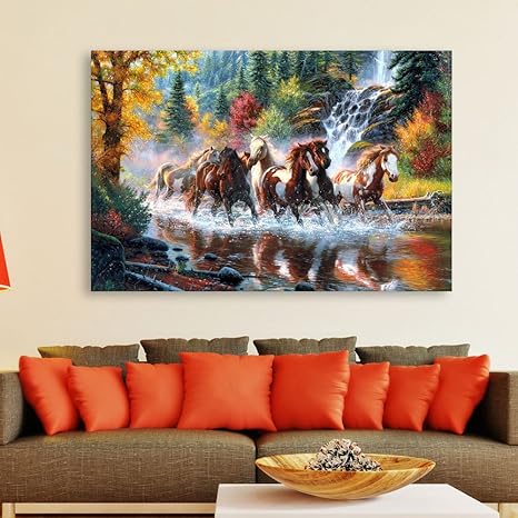 Inephos Unframed Canvas Painting 7 Horses Running Vastu Wall Painting For Living Room Bedroom Office Hotels Drawing Room 91cm X 61cm