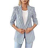 Floerns Women's Striped 3/4 Sleeve Blazer Jacket Collared Neck Business Casual Suit Jacket