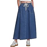 luvamia Denim Skirts for Women Trendy A Line Long Maxi Pull On Elastic Waist Drawstring Stretchy Jean Skirt with Pockets