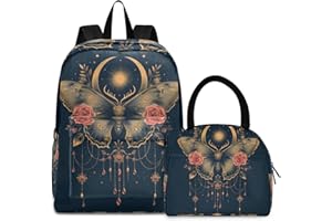 YXYZRMY Backpack with Insulated Lunch Bag Crescent Moon Boho Floral– Fits 15.6" laptop, Lightweight Backpack for Work Travel 