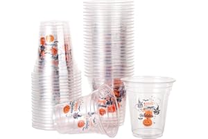 KINBOM 50pcs Halloween Pumpkin Plastic Party Cups, 14 OZ Happy Halloween Disposable Cups Clear Drink Cups for Kids Beer Beverage Ice Cream Candies Snacks Trick or Treat Supplies