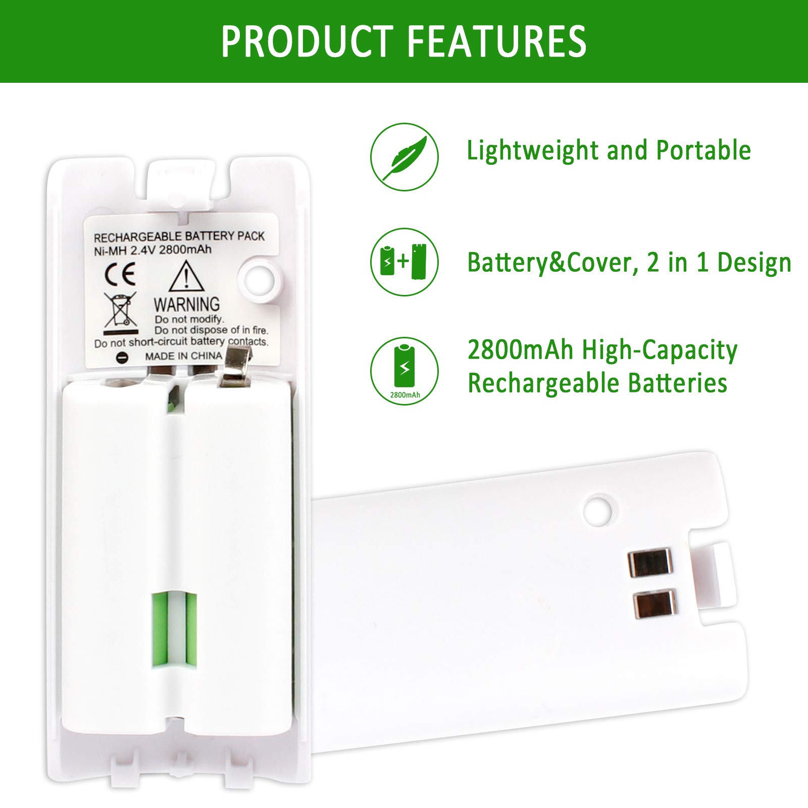 4 Pcs Wii Remote Batteries Rechargeable, 2800mAh High-Capacity Rechargeable Batteries for Nintendo Wii/Wii U Remote Controller (White)