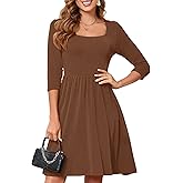 Womens Casual Flowy A Line Dress 3/4 Sleeve Square Neck High Waisted Knee Length Dresses for Women with Pocket