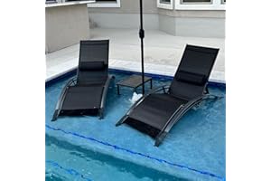 PURPLE LEAF Patio Chaise Lounge Set of 3 Outdoor Lounge Chair Beach Pool Sunbathing Lawn Lounger Recliner Chiar Outside Tanning Chairs with Arm for All Weather, Side Table Included, Black