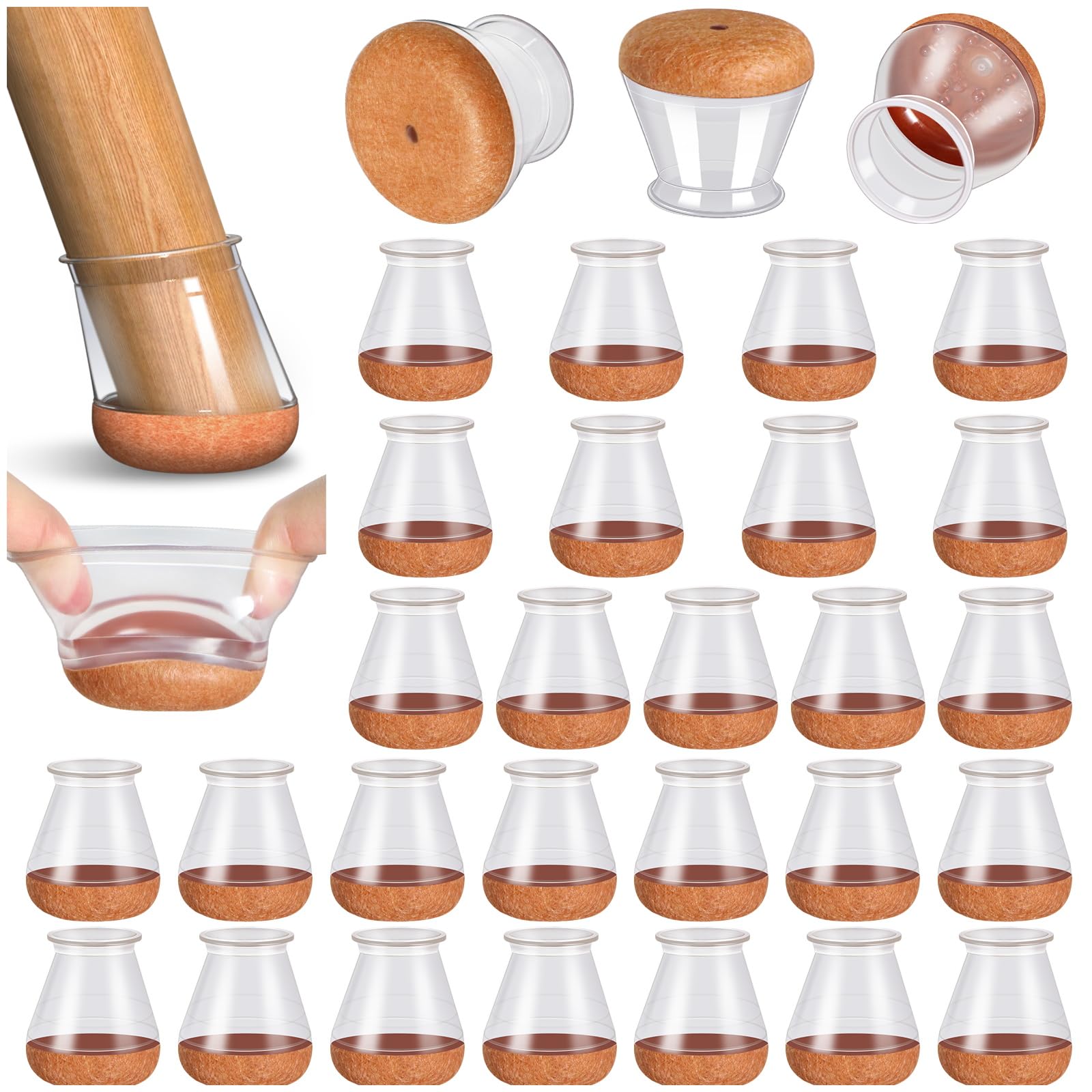 32 Pcs Chair Leg Floor Protectors, Transparent Silicone Chair Leg cover caps for Hardwood Floors with Wrapped Felt, Furniture Feet protector pads (Fit:15-20mm)