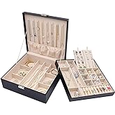 ProCase Jewelry Box for Women, 2 Layers Large Leather Jewelry Organizer Storage Case with Removable Pad for Earrings -Black