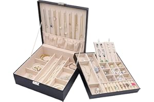 ProCase Jewelry Box for Women, 2 Layers Large Leather Jewelry Organizer Storage Case with Removable Pad for Earrings -Black