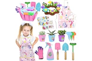 KIMICARE Kids Gardening Tools Set, 74pcs Unicorn Garden Tools Kit with Metal Shovel, Trowel, Rake, Water Can, Apron and Unicorn Diamond Sticker, Flower Garden Building Toys, Outdoor Birthday Gift for Girl
