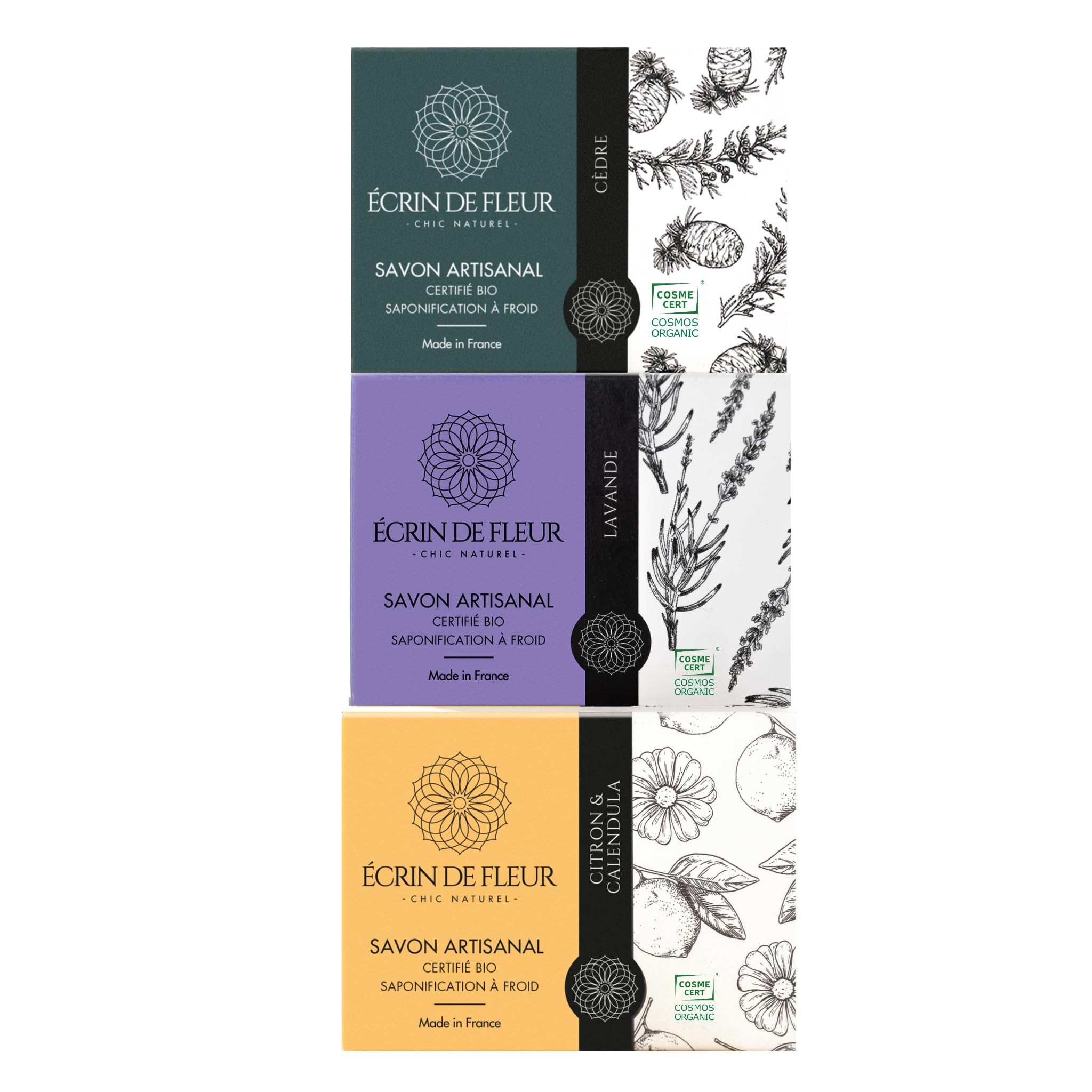 Écrin de Fleur – Organic Artisan Soap Gift Set for Natural Skincare, French Cold-Process Bar Soaps, COSMOS Organic & Nature et Progrès Certified, Plastic-Free, 3 x 90g