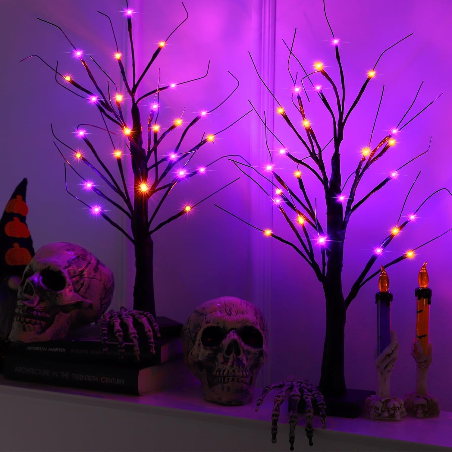 Trees - Efunly 2 Pack 24 Inch Halloween Black Spooky Tree with Orange & Purple Lights, USB&Battery Operated Tabletop Halloween Black Tree with Timer for Halloween Decorations Indoor Home Holiday Party