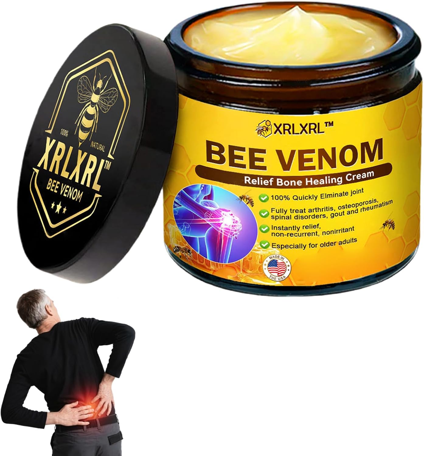 XRLXRL Bee Venom Relief Bone Healing Cream, Professional Bee Venom Cream for Activities, Bee Venom Joint & Bone Therapy cream for Back, Knee, Hands, Neck, Feet, for All Skin Types (1 Bottle)