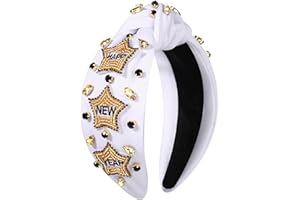 CEALXHENY New Year's Eve Headbands for Women Beaded Happy New Year Headbands Jeweled NYE Star Headband Gold Rhinestone Crystal Knotted Headband New Years Eve Accessories Party Favors Gifts (HAPPY NEW YEAR)