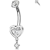 Melighting Heart Titanium Belly Button Ring Internally Threaded 14G Dangle Belly Ring Belly Piercing Jewelry Titanium G23 Naval Ring Clear Cz Body Piercing Jewelry