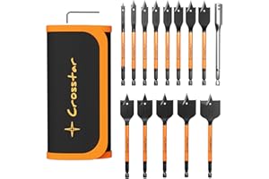 Crosstar 13-Piece Spade Drill Bit Set with 6" Extension, Black Oxide Coated, 1/4" to 1-1/2" Sizes, for Woodworking, DIY & Electrical Projects