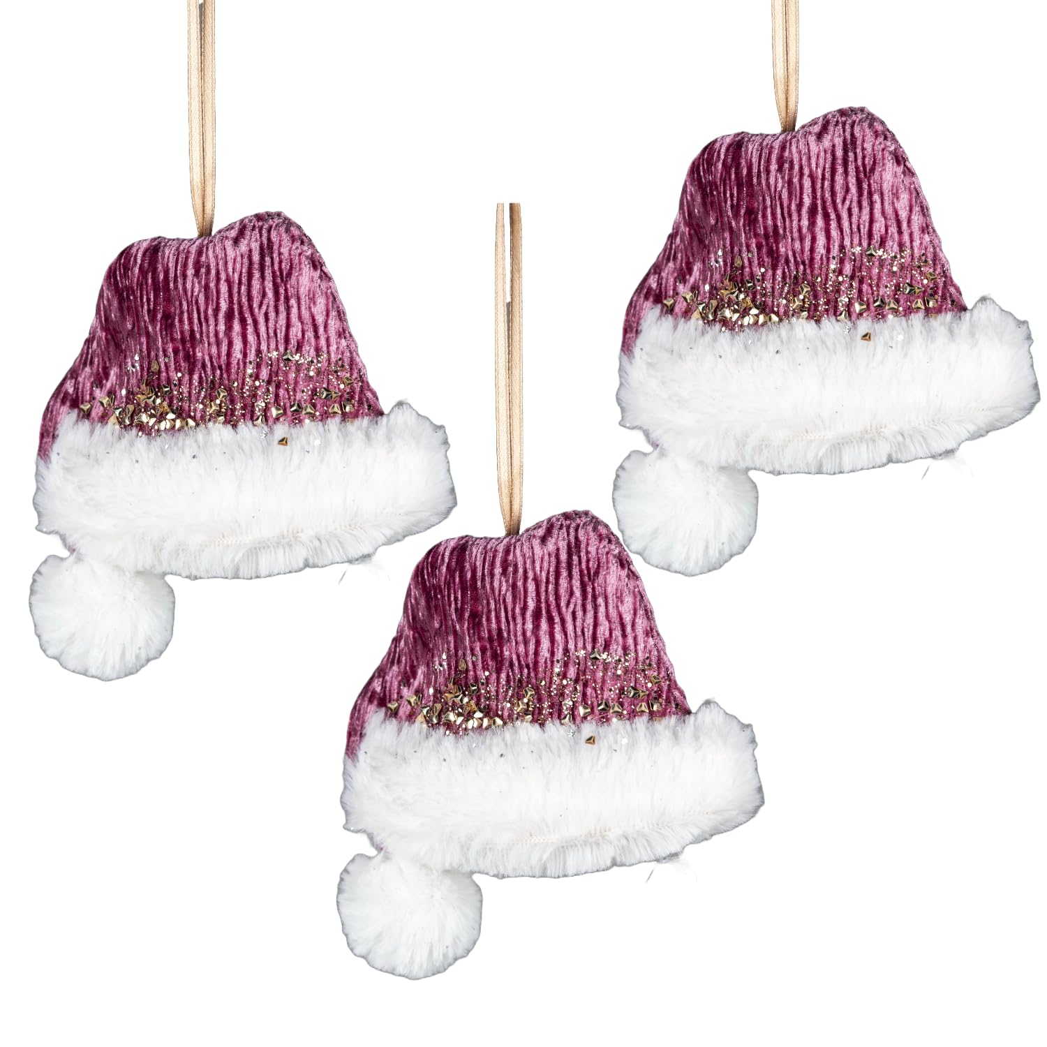 3Pcs Pink Burgundy Mini Santa Hat 13x12cm - Christmas Tree Hanging Decorations Festive Decorative Ornaments Fairy Tale Themed Xmas Tree Pendant — image 1
