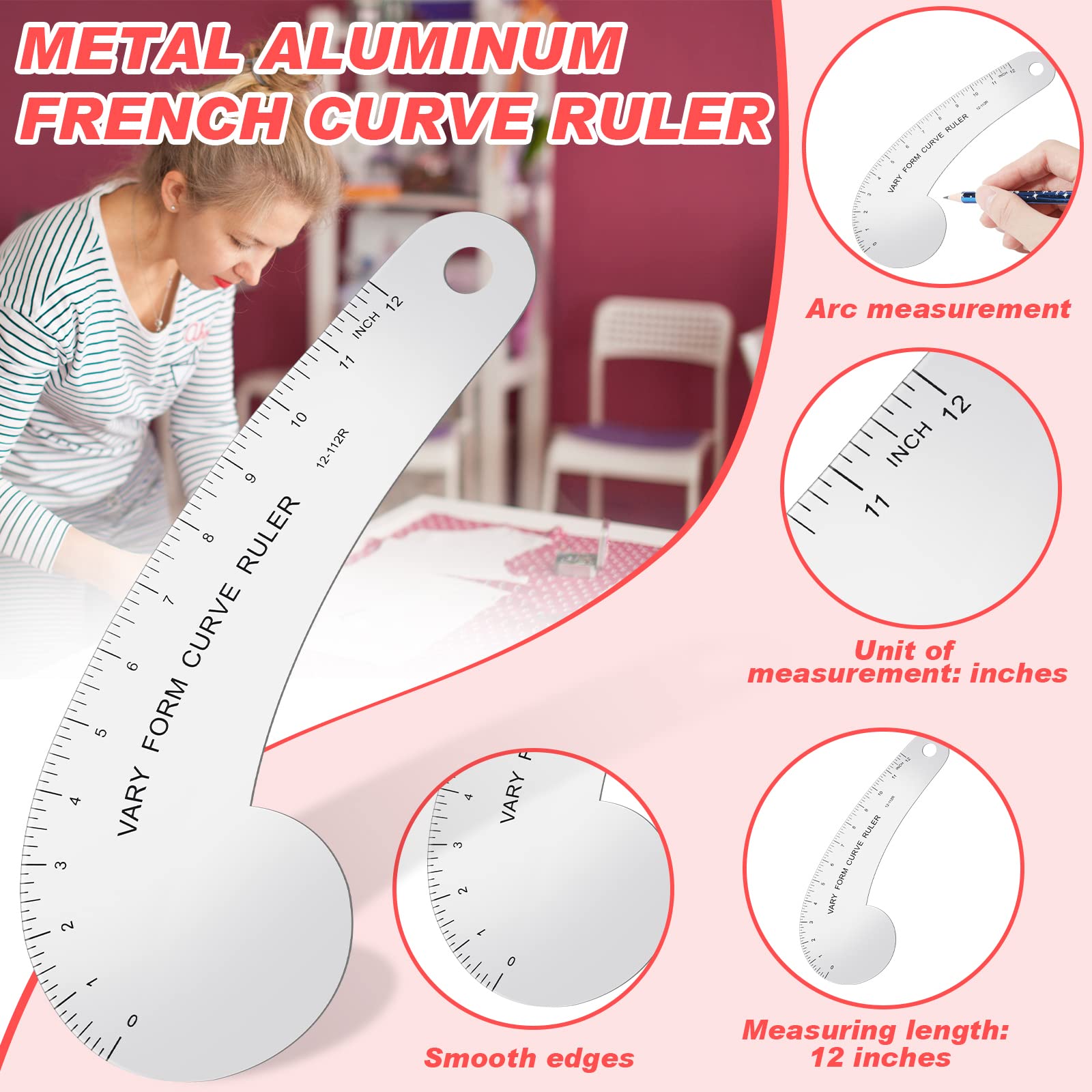 Vary Form Curve Ruler Solid Aluminum French Hip Curve Ruler for Measuring Sewing Design Making