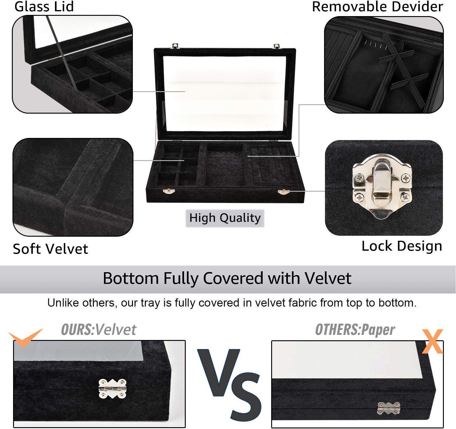 VIEFIN Velvet Stackable Jewelry Tray with Lid, Earring Drawer Insert Display Show Case, Dresser Organizer for Ring Stud, Necklace Holder Storage Box Chest,Black 4 in 1(with lid): Home & Kitchen