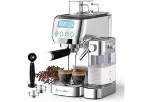 AMZCHEF Espresso Machine with LCD Display, 20 Bar Cappuccino Machines with Upgraded Automatic Milk Frother for Home Gifts, Latte Coffee Maker with Dual Wall & Filters, Sliver