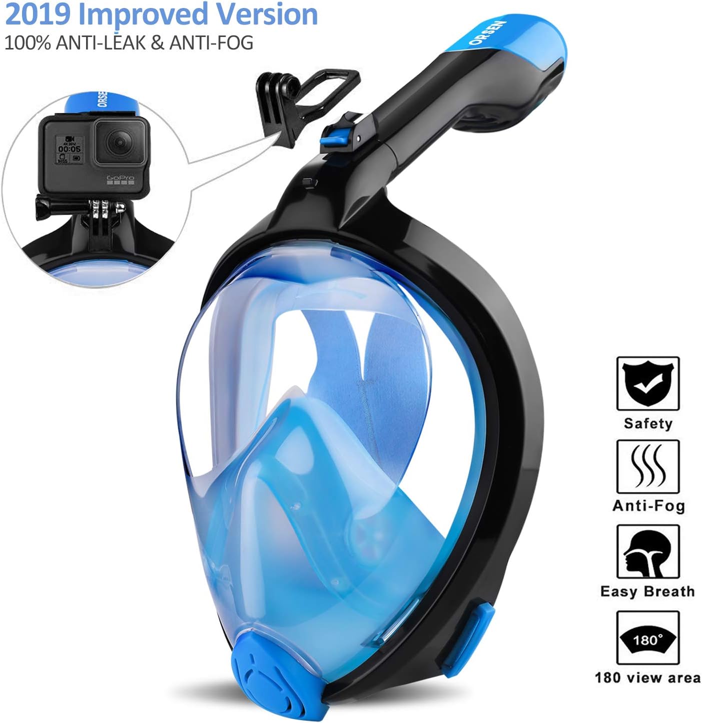 ORSEN Newest Version Full Face Snorkel Mask Foldable 180 Panoramic View Free Breathing Snorkeling Mask with Detachable Camera Mount,Anti-Fog Anti-Leak for Adults & Kids