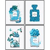 High Fashion design Glam Wall Art - Blue Decor - Designer Perfume Bottle Poster Set - Haute couture Pictures - Bedroom Decor for Women, Living room decoration - Luxury Gift - Hummingbirds Butterflies