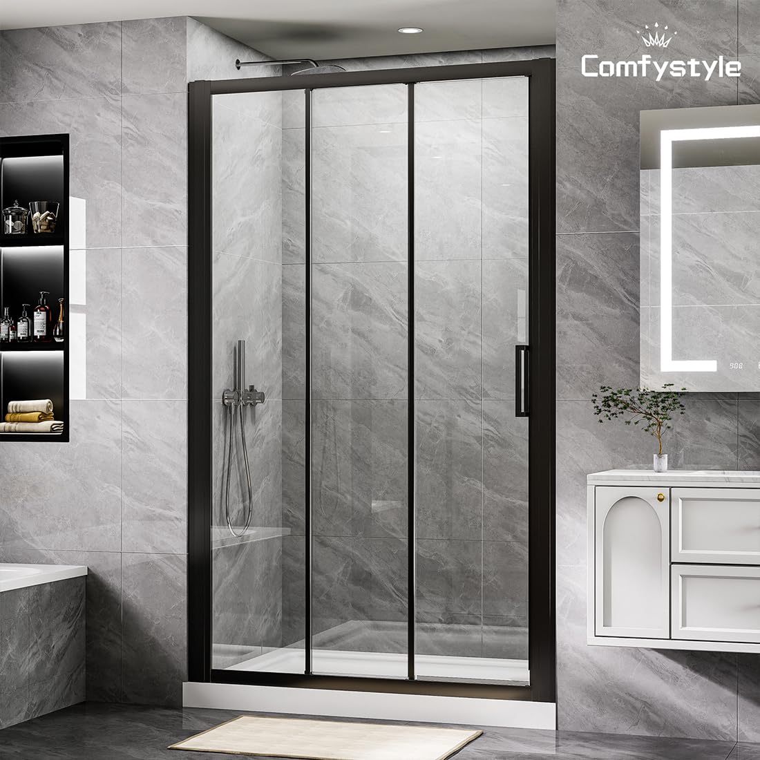 Photo 1 of ComfyStyle 44"-48" W x70 H Triple Sliding Shower Door with Large 24 1/4" Walk-in Opening, Glass Shower Doors with 1/4" (6mm) Clear SGCC Tempered Glass, Matte Black Finish, Reversible Installation