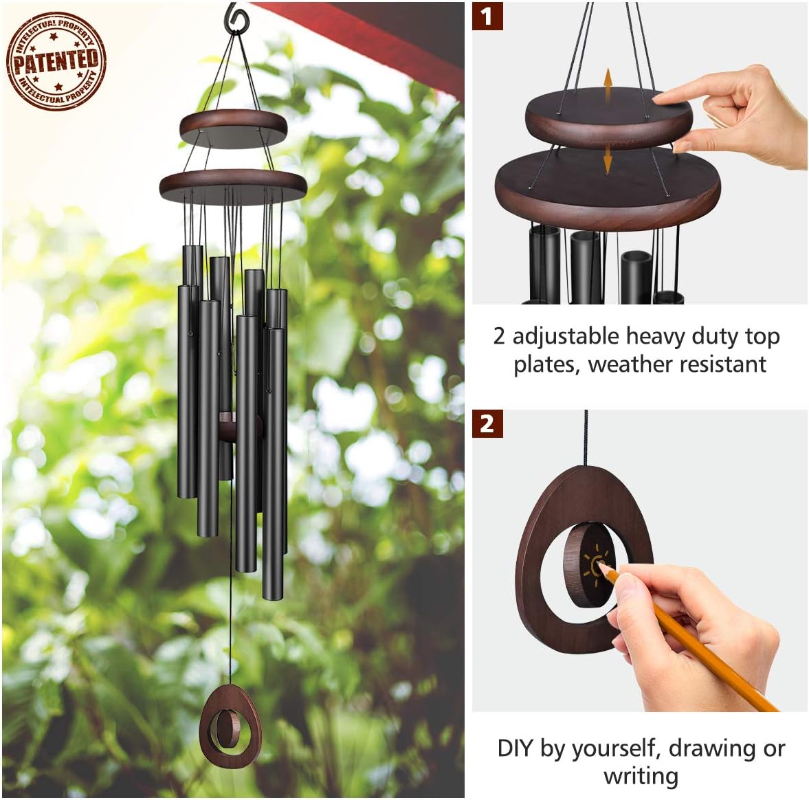 Homemaxs Wind Chimes for Outside Large Deep Tone, 38 Inch Large Memorial Wind Chimes with 8 Tubes & Rotatable DIY Pendants, Best Gift Wind Chimes for Outside Garden Patio Decor（Black） : Garden & Outdoor