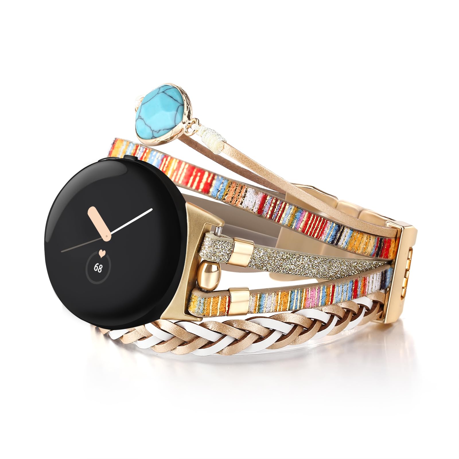 CHARMINGO Boho Wrap Band Compatible with Google Pixel Watch Band, Posh Leather Bracelet Replacement Strap for Google Pixel Watch 2022, Gold
