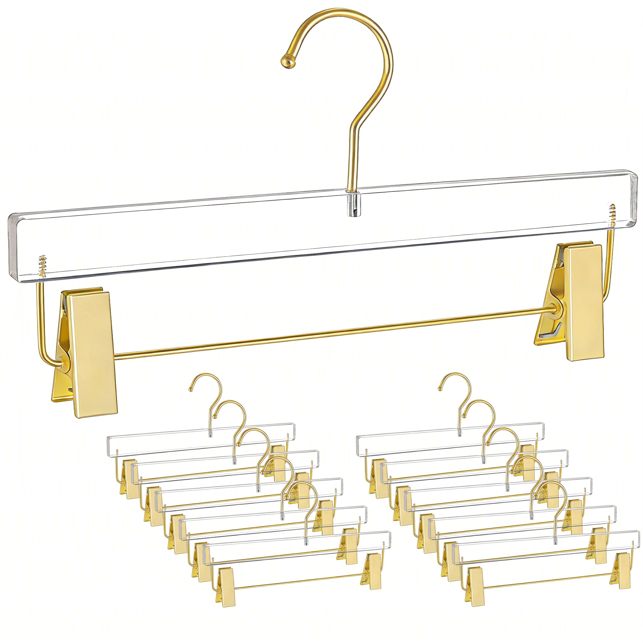 Besser 10 Pack Gold Acrylic Hangers,Clear Hanger with Gold Hook,Luxurious Skirt Pants Hangers Clips for Clothing Closet Storage