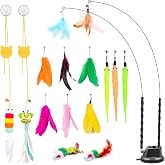 Depets Cat Wand Toy, 15 Pcs Interactive Cat Feather Toys for Indoor Self Play &amp; Exercise, 2 Play Modes Kitten Teaser Wand, Reusable Suction Cup Kitten Toys