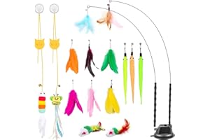 Depets Cat Wand Toy, 15 Pcs Interactive Cat Feather Toys for Indoor Self Play & Exercise, 2 Play Modes Kitten Teaser Wand, Reusable Suction Cup Kitten Toys