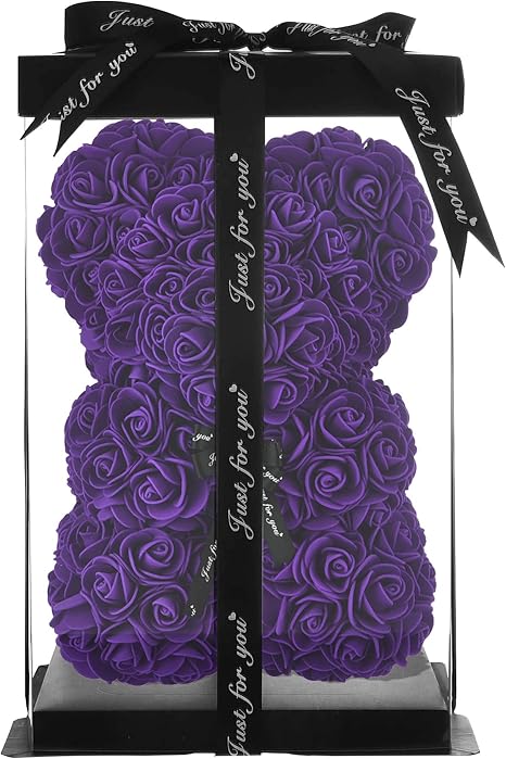 purple rose bear with box