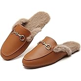 Minorsu Buckle Fur Mules for Women Slip on Loafers Closed Round Toe Backless Flat Mules Comfortable Slides Shoes