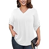 Plusashion Womens Plus Size Tops V Neck 3/4 Roll Sleeve Casual Shirts Loose Tunic Trendy Blouses