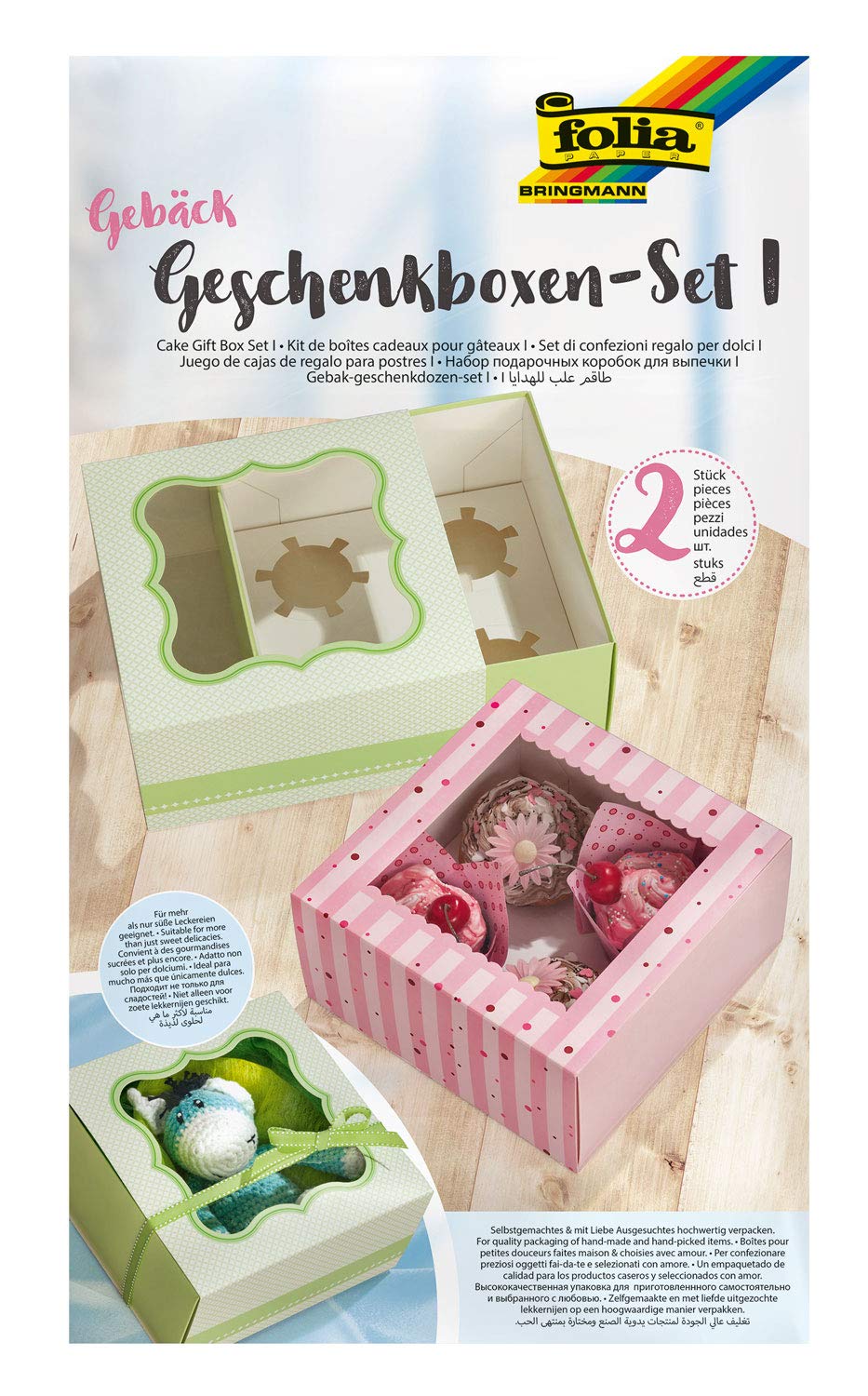 folia 48401 Pastry Gift Box Set I for 2 Boxes Food Safe Cardboard Boxes 20 x 20 x 10 cm with Window and Insert Ideal for Gift of Muffins and Cupcakes