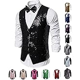 Baestappy Men's Shiny Sequins V-Neck Dress Vest with Bowtie & Brooch - Formal & Semi - Formal Prom Party Tuxedo