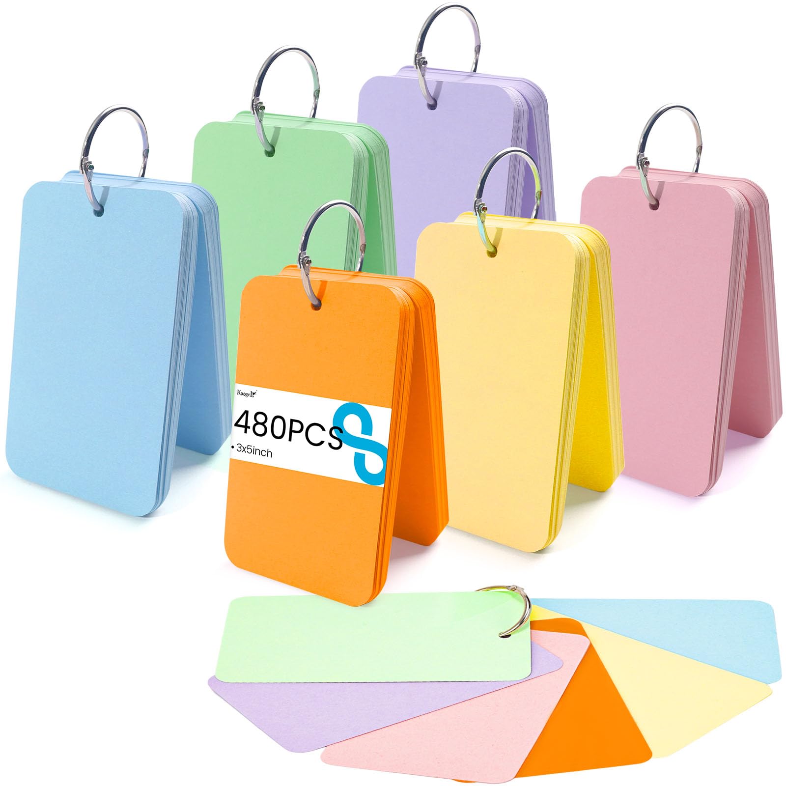 Photo 1 of ***DAMAGED - SEE NOTES/PICTURES*** Koogel Index Cards with Ring for Studying, 480 PCS, 3x5 Inch, Colored Flash Cards with Key Ring, Notecard for School College Memory Vocabulary Greeting Memo Home Organization Supplies, 6 Colors