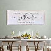 The Best Memories Are Made Gathered Around The Table Sign 40"x15" White | Large Rustic Farmhouse Dining Room Wall Decor Modren Kitchen Home Simple Wood Framed Hanging Art