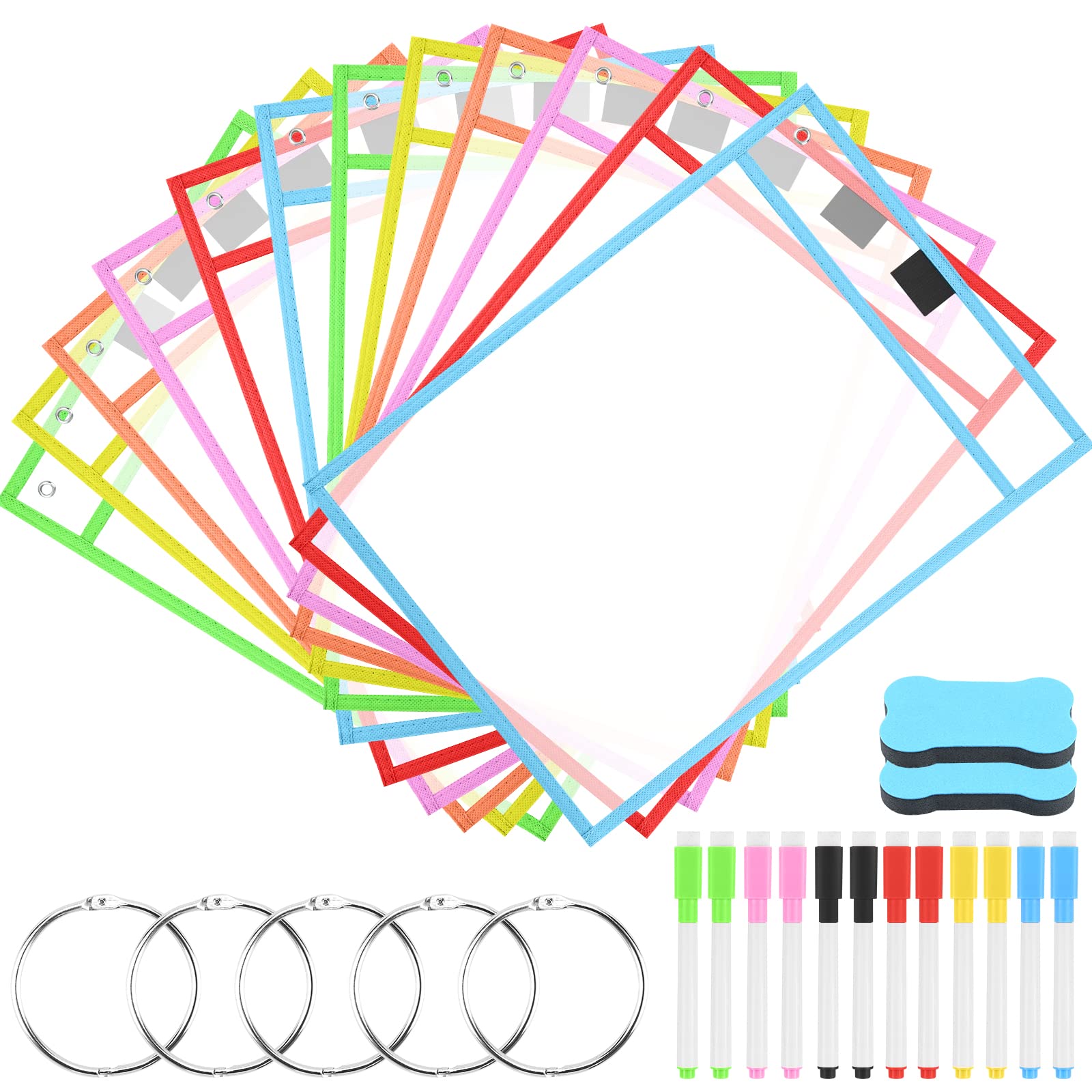 12 PCS Dry Erase Pockets 31pcs Dry Erase Pockets Set, Reusable Plastic Sleeves Clear Easy-Load Sleeves for Classrooms Home & Work Teacher Supplies with 12×Erase Pens, 2× Eraser, 5×Metal Binder Rings