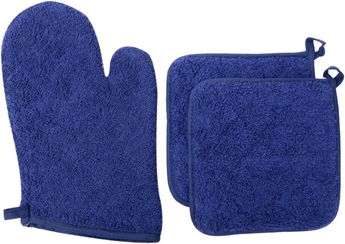 Lifaith 100% Cotton Everyday Kitchen Basic Heat Resistant Oven Mitt and Pot Holder Set, Dark Blue
