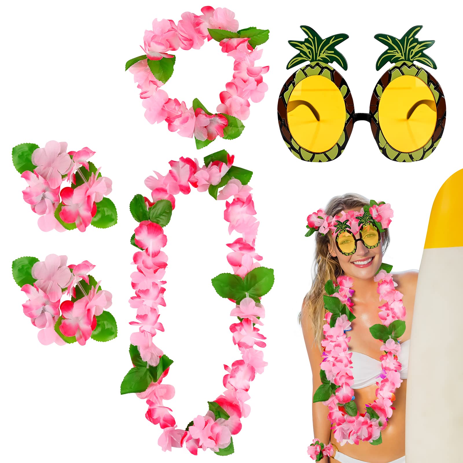 5 Pcs Hawaiian Fancy Dress Set,Hawaiian Leis Garland Pineapple Sunglasses Necklace Headband Wristbands,Tropical Lei Flower for Summer Luau Theme Beach Party Decorations,Vacation Party Supplies,Pink