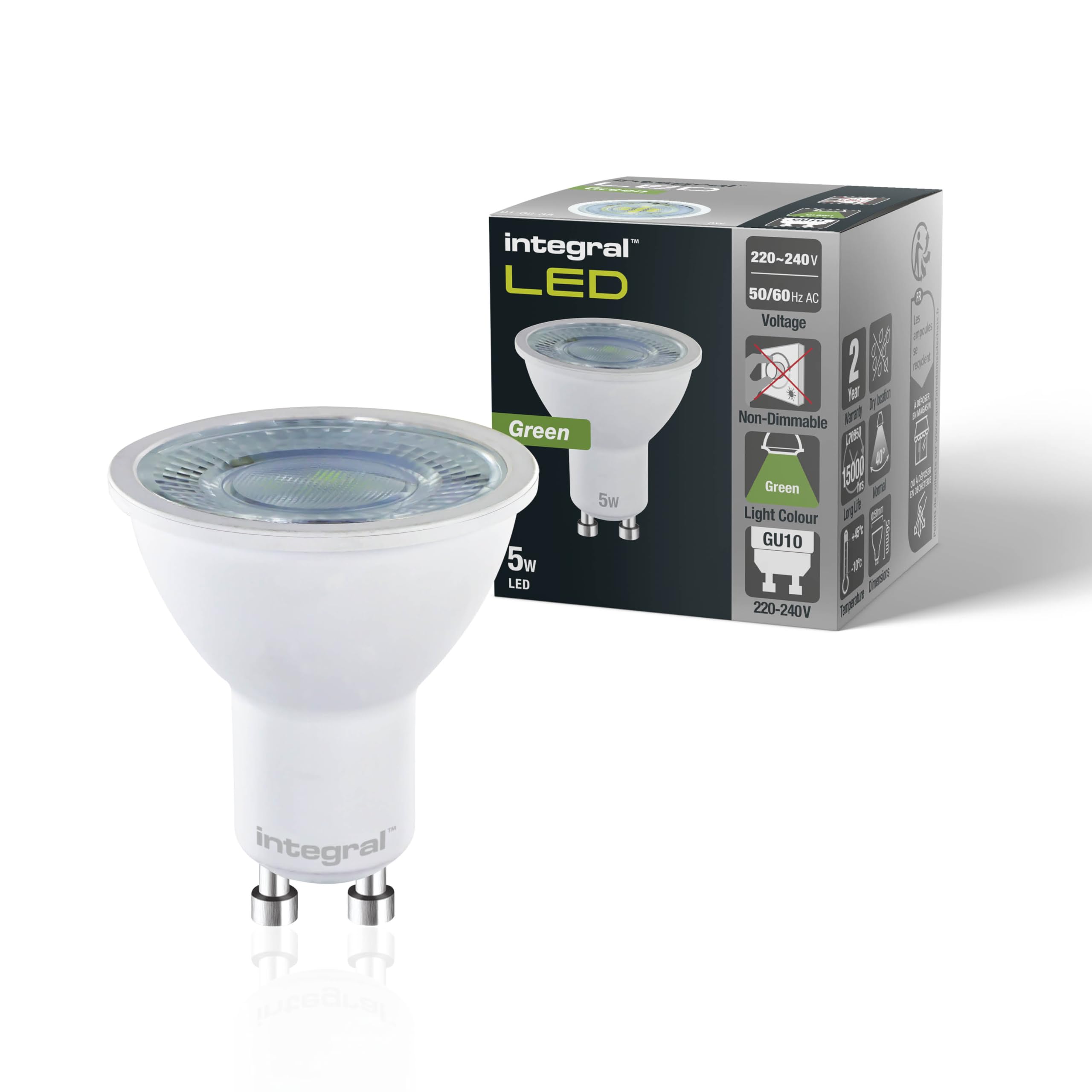 Integral LED 2 - Pack GU10 Green Colour Spotlight Bulb – 5W (50W Equivalent), 40° Beam Angle - Suitable for Displays, Restaurants, Hotels, Gardens, Decoration & Mood Lighting. — image 1