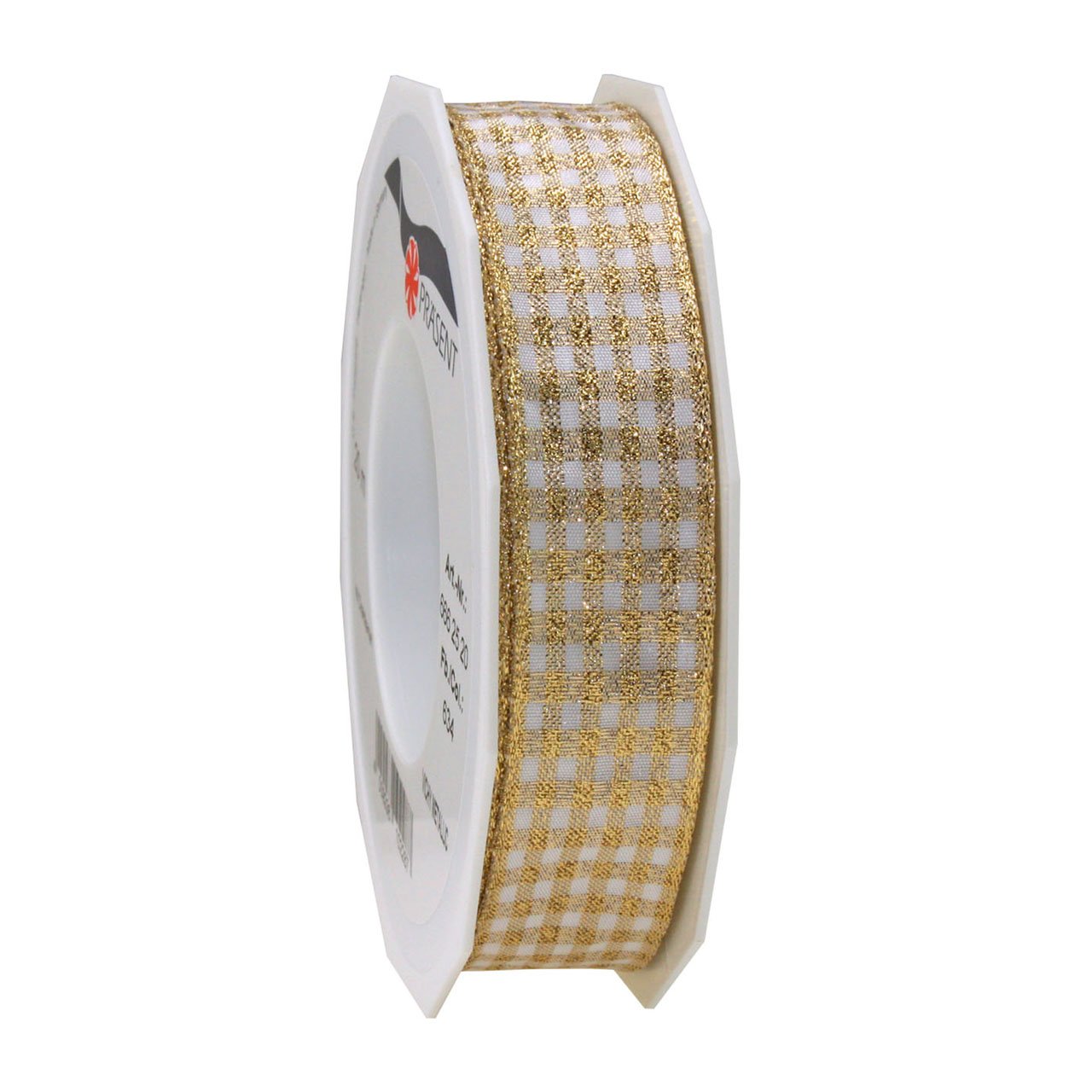 Prasent 20 m 25 mm Vichy Metallic Wired Decorative Woven Ribbon, Gold/White