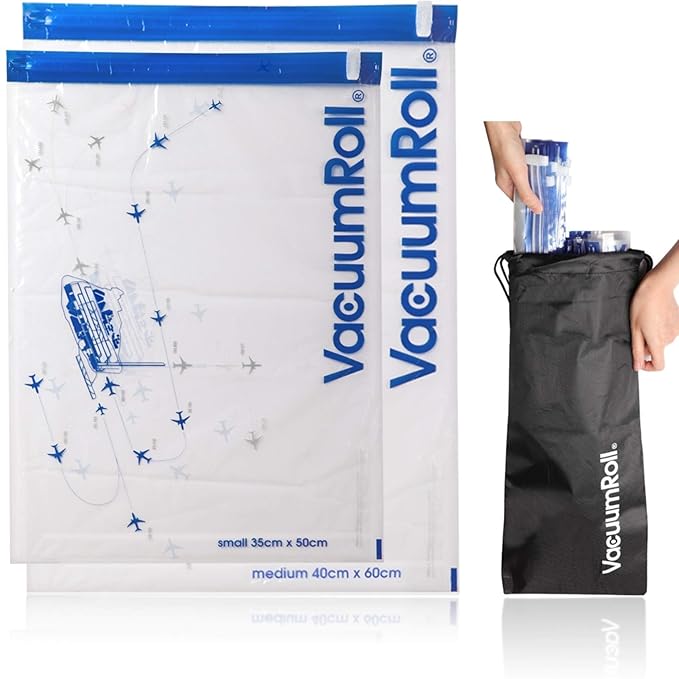 Reise Vakuumbeutel zum Rollen per Hand 12 Stück + 1 Nylonpacktasche Transparent mit Flugradarmotiv, Vakuum Kompressionsbeutel