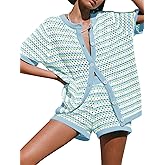 Saodimallsu Womens Crochet Swimsuit Coverup Summer Beach Sets Striped Knit Short Sleeve Button Shirts 2 Piece Short Set