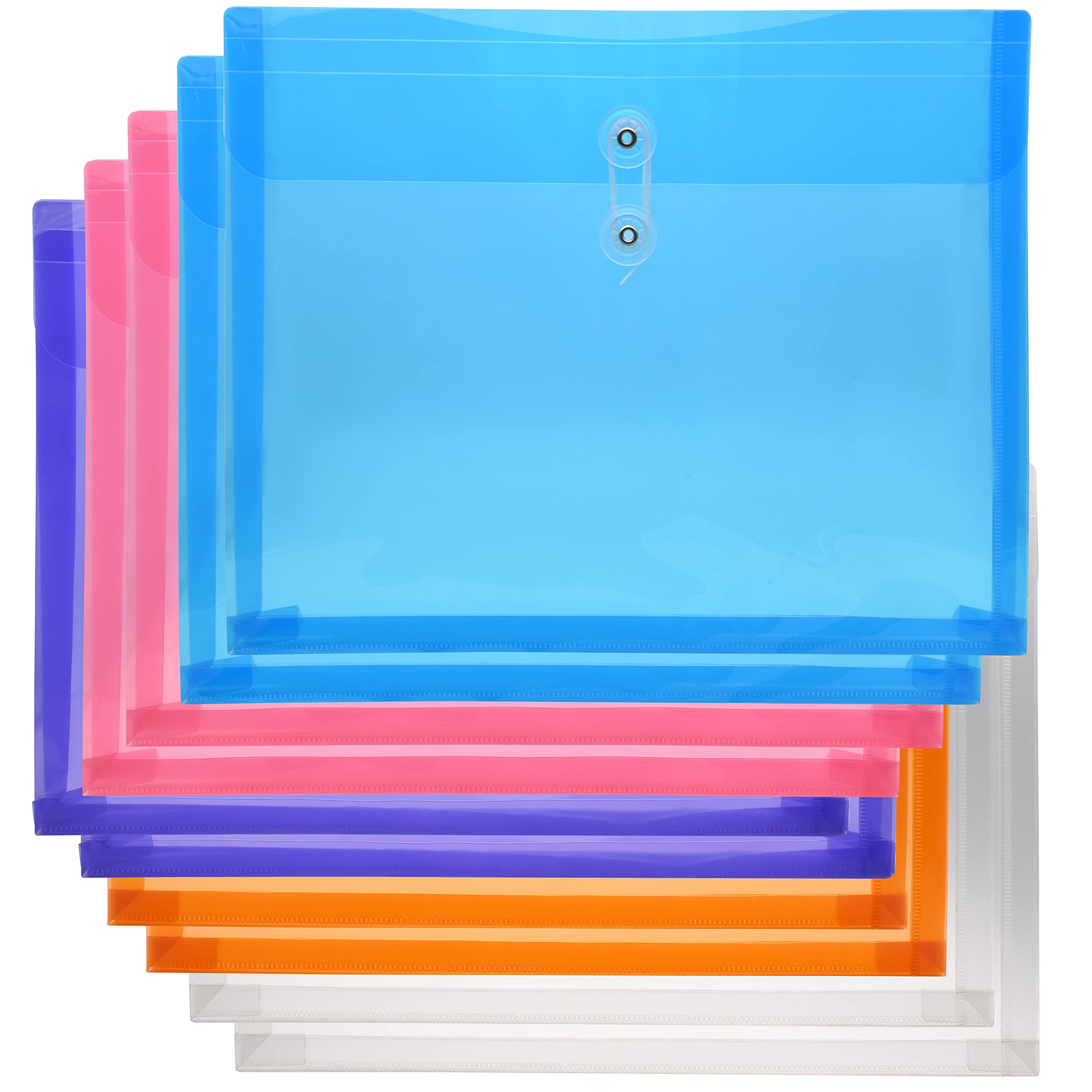 zoohot A4 Clear Plastic Envelopes Poly Envelopes Side Loading File Document Folders with String Tie Closure, 1-1/4 Inch Expansion, Assorted Colors, 10 Pack
