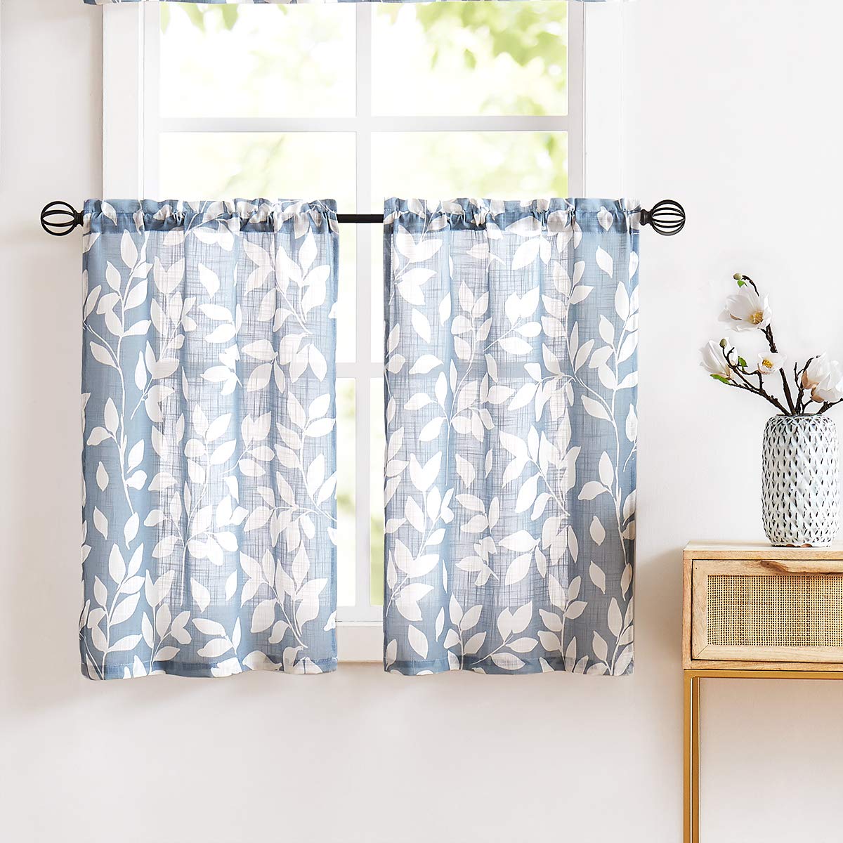 Buy Blue Kitchen Tier Curtains 24" Short White Leaf Print CafÃƒÂ