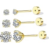 BRAYEG 1-5Pairs Flat Back Earrings Set (2-6mm), Push Pin Cartilage Stud earrings for Women, 14K Gold Filled Cubic Zirconia Stacking Earrings Studs, Hypoallergenic Helix Piercing Jewelry, No Screw for Sleeping