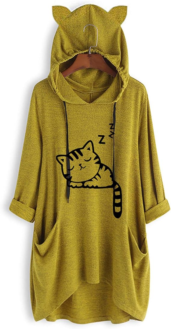 Amazon Ruji ルジ レディース パーカー ゆったり ロングパーカー トレーナー 猫 ロング ネコ耳 長袖 可愛い プルオーバー フード付き ポケット付き ロリータ系 少女 大きいサイズ M 5xl チェスターコート トレーナー パーカー 通販